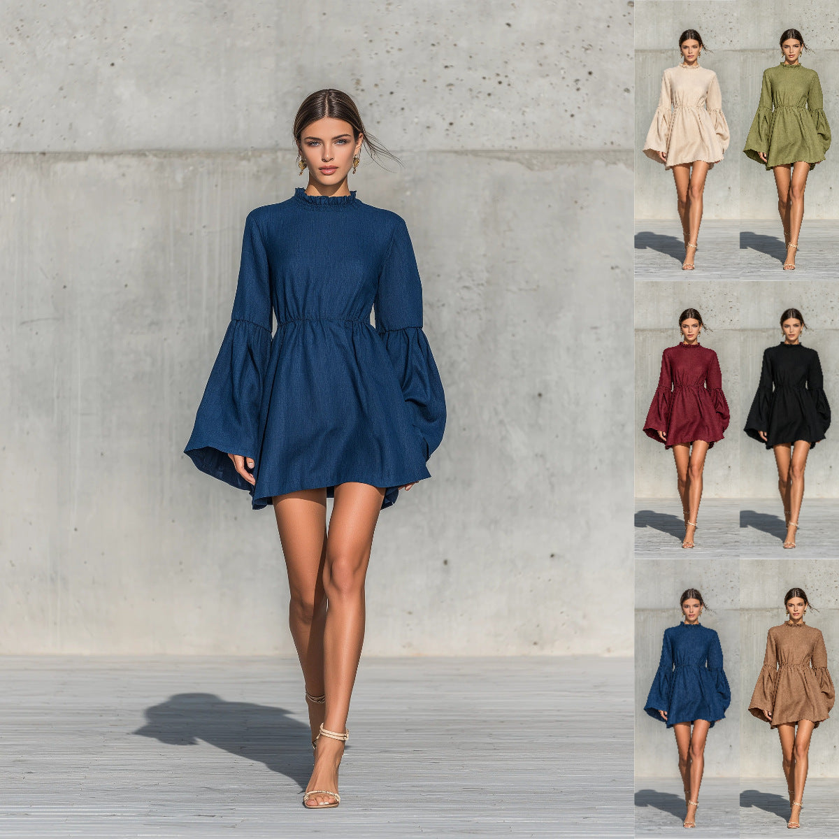 Ruffled High?Neck Bell?Sleeve Elastic Waist Mini Dress