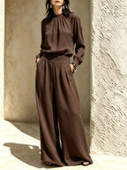 Women's Gathered High‑Neck Blouse & Pleated Wide‑Leg Pants Two‑Piece Set