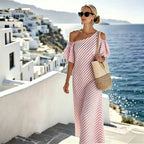 One Shoulder Cold Shoulder Puff Sleeve Striped Maxi Dress