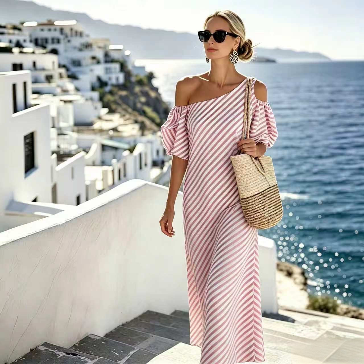 One Shoulder Cold Shoulder Puff Sleeve Striped Maxi Dress