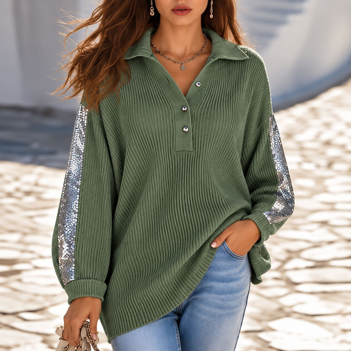 Ribbed Knit Polo Top with Sequin Sleeves