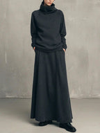 Elegant Neutral Knit Co-ord Set Funnel Neck Sweater Pleated Long Skirt