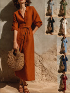 Linen?Blend Belted Button?Front Collared Midi Shirt Dress