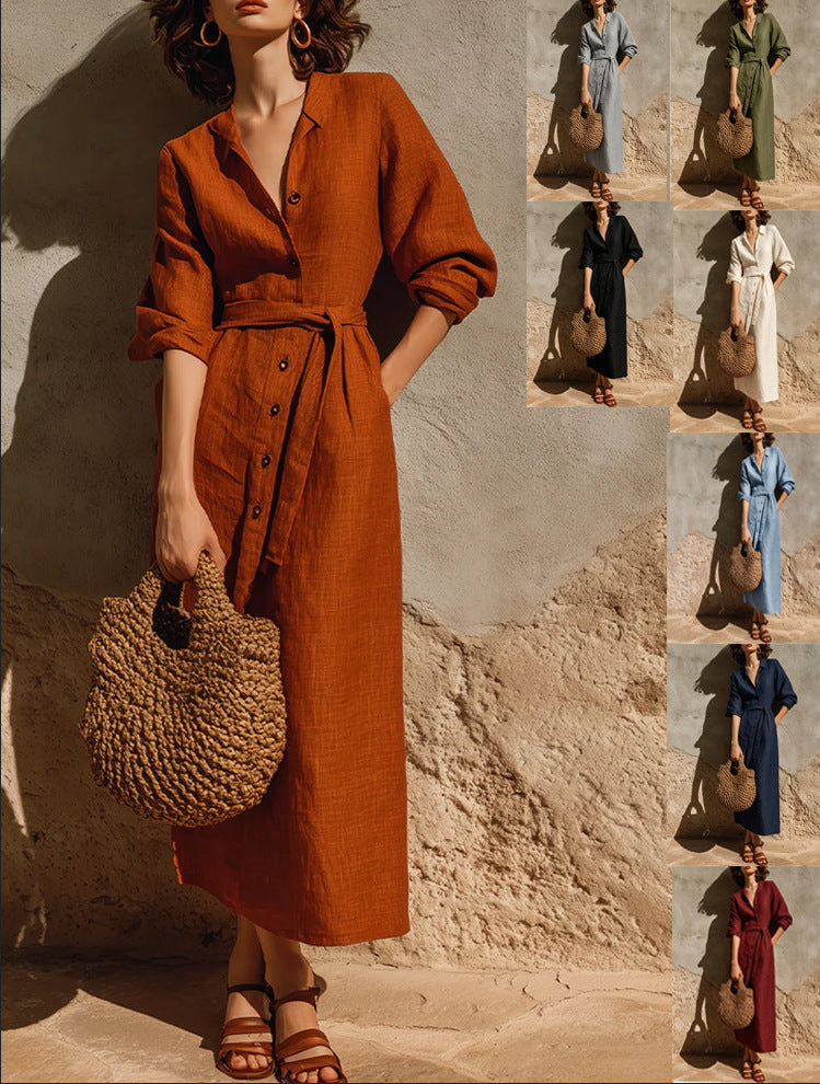 Linen?Blend Belted Button?Front Collared Midi Shirt Dress