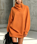 Women's Solid Pink Button-Detail Cowl Neck Long Sweatshirt Tunic Dress