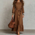 Button?Front Tie?Waist Tiered Ruffle Maxi Dress