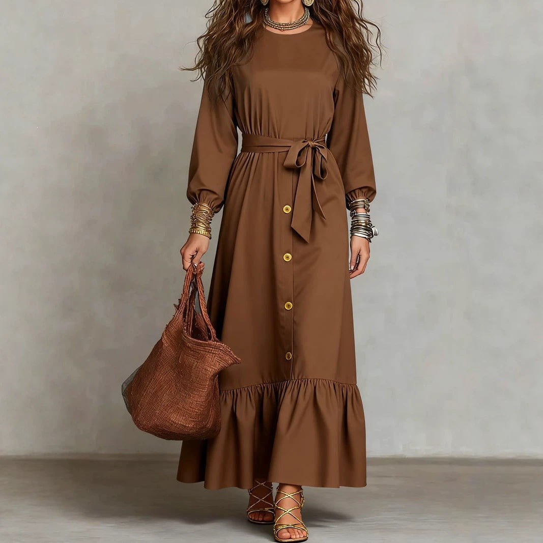 Button?Front Tie?Waist Tiered Ruffle Maxi Dress
