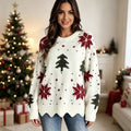 Christmas Tree & Snowflake Pattern Scalloped Hem Oversized Knit Sweater