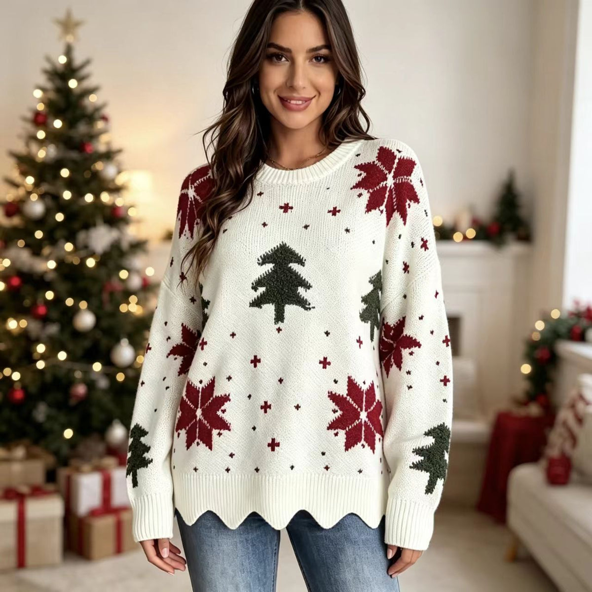 Christmas Tree & Snowflake Pattern Scalloped Hem Oversized Knit Sweater