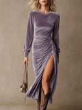 Velvet Ruched Side?Slit Long?Sleeve Midi Dress