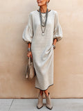 Elegant Solid-color Crew Neck With Puff Sleeves Maxi Dress
