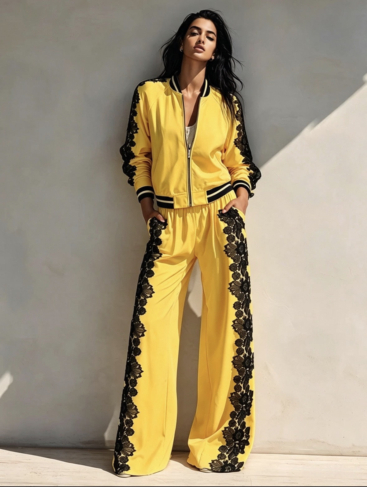 Bomber Jacket & Wide?Leg Pants Two?Piece Set with Black Lace Trim