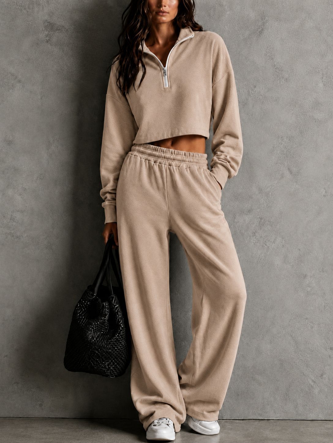 Half?Zip Cropped Sweatshirt & Wide?Leg Sweatpants Two?Piece Set