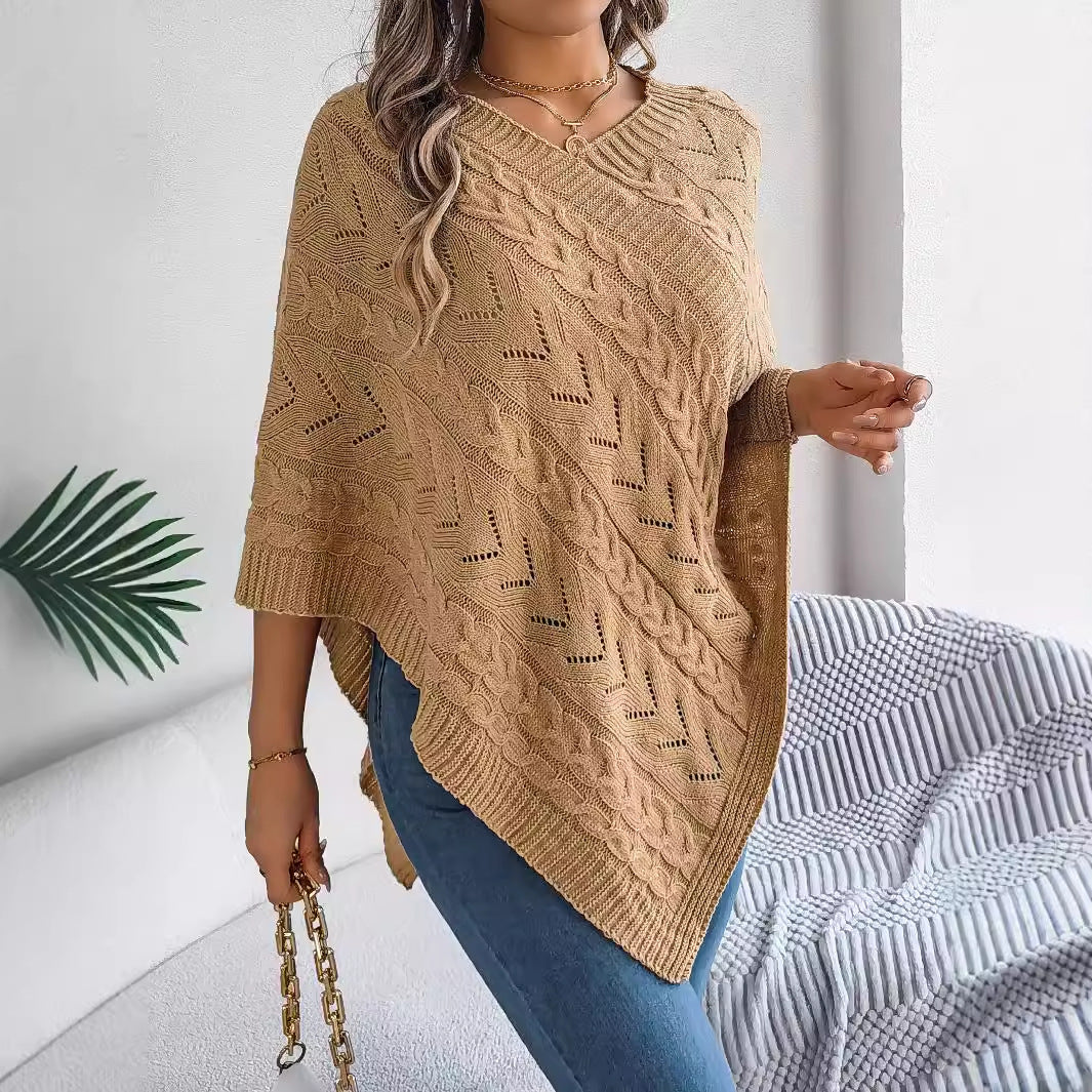 Cable Knit Hollow Out V-Neck Poncho Sweater Cape