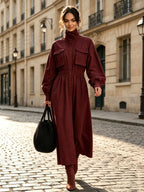 Women's Solid Beige Stand Collar Pocket Elastic Waist Long Sleeve Shirt Midi Dress