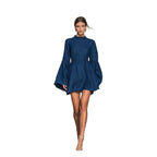 Ruffled High?Neck Bell?Sleeve Elastic Waist Mini Dress