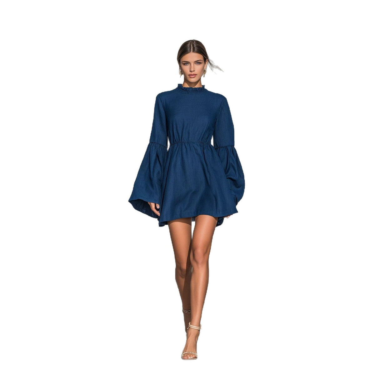 Ruffled High?Neck Bell?Sleeve Elastic Waist Mini Dress