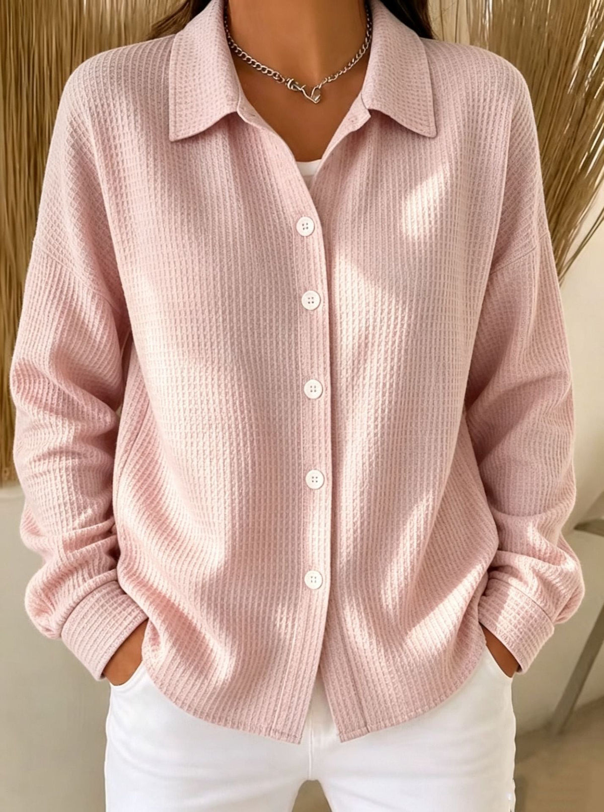 Women¡¯s Light Blue Waffle Knit Lapel Button Down Long Sleeve Shirt - Pink / S