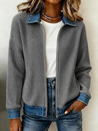 Ribbed Knit Zip Jacket with Denim Trim