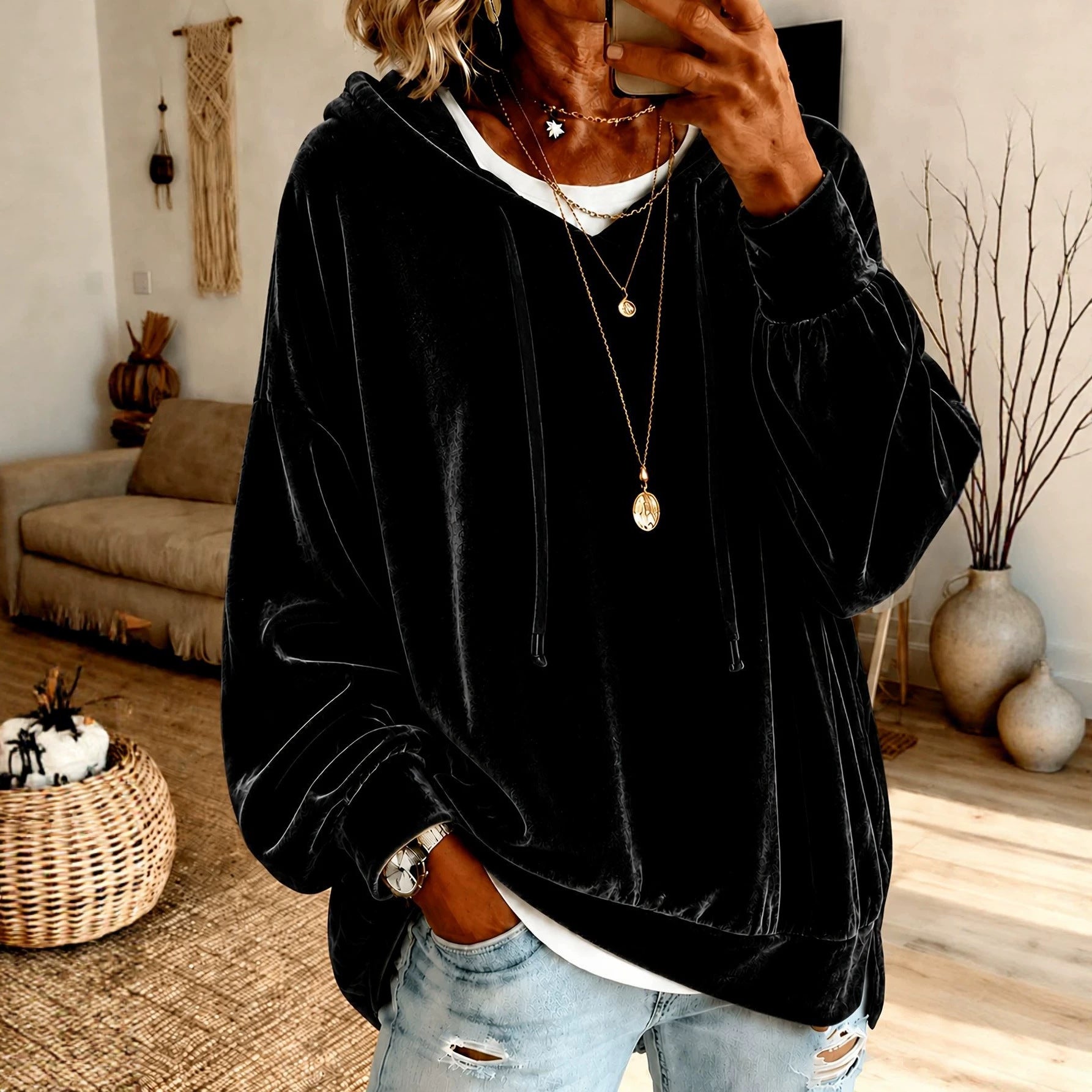 Women‘s Loose Velvet Drawstring Hoodie