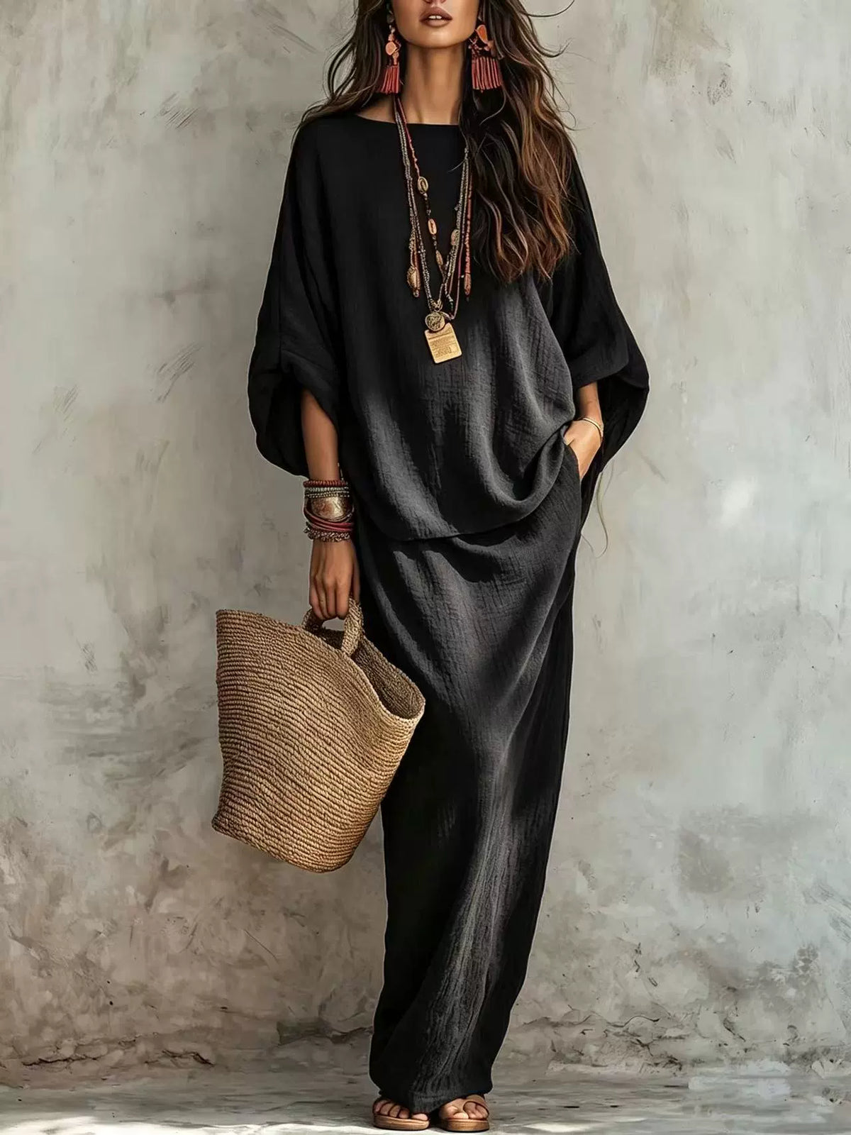 Textured Linen Batwing Top & Wide Leg Maxi Skirt Two-Piece Set