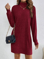 Women's Turtleneck Vertical Ribbed Knit Midi Dress