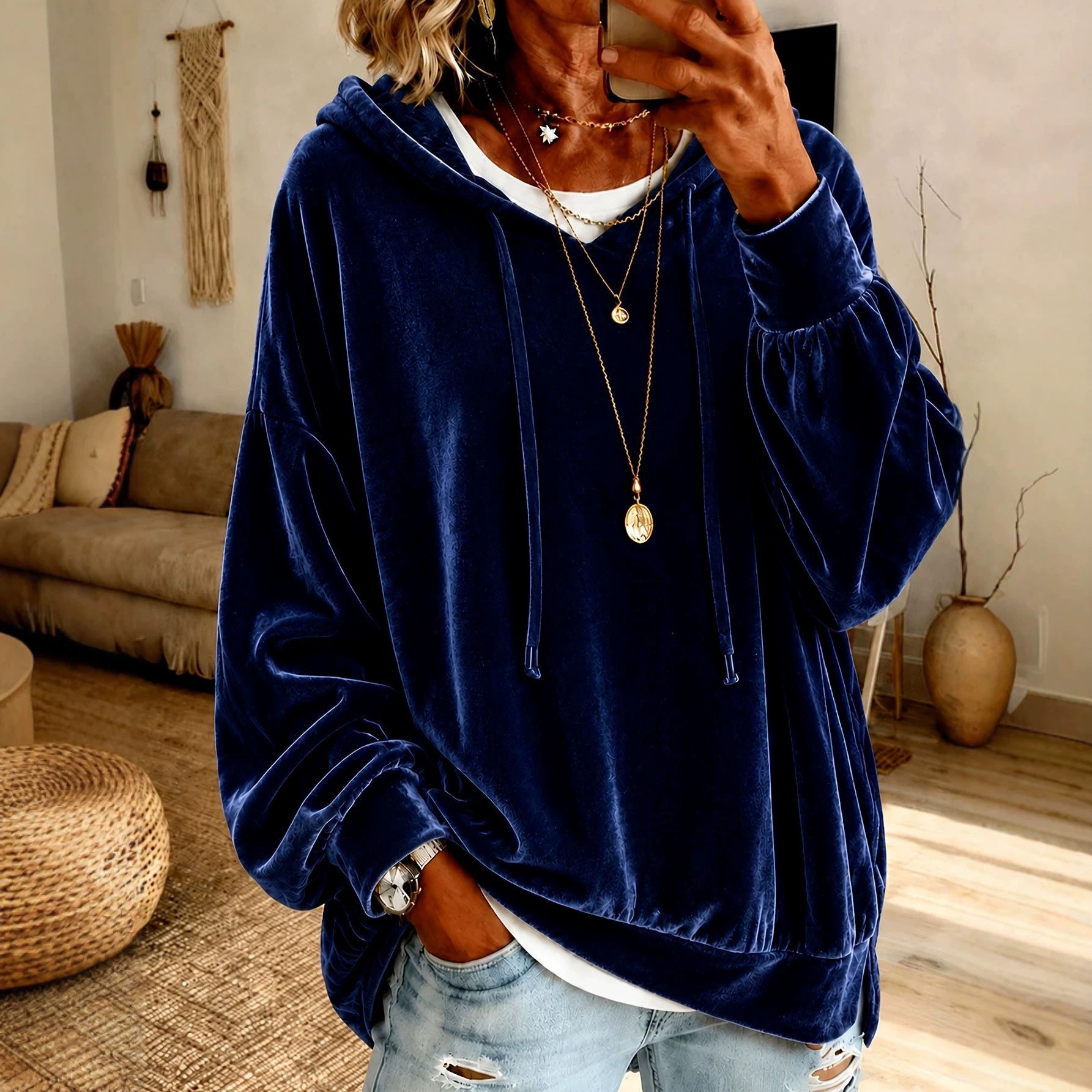 Women‘s Loose Velvet Drawstring Hoodie