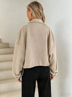 Women¡¯s Solid Beige Geometric Textured Zip?Up Drawstring Cropped Jacket