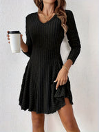Ribbed Knit V‑Neck Long‑Sleeve Flared Mini Dress