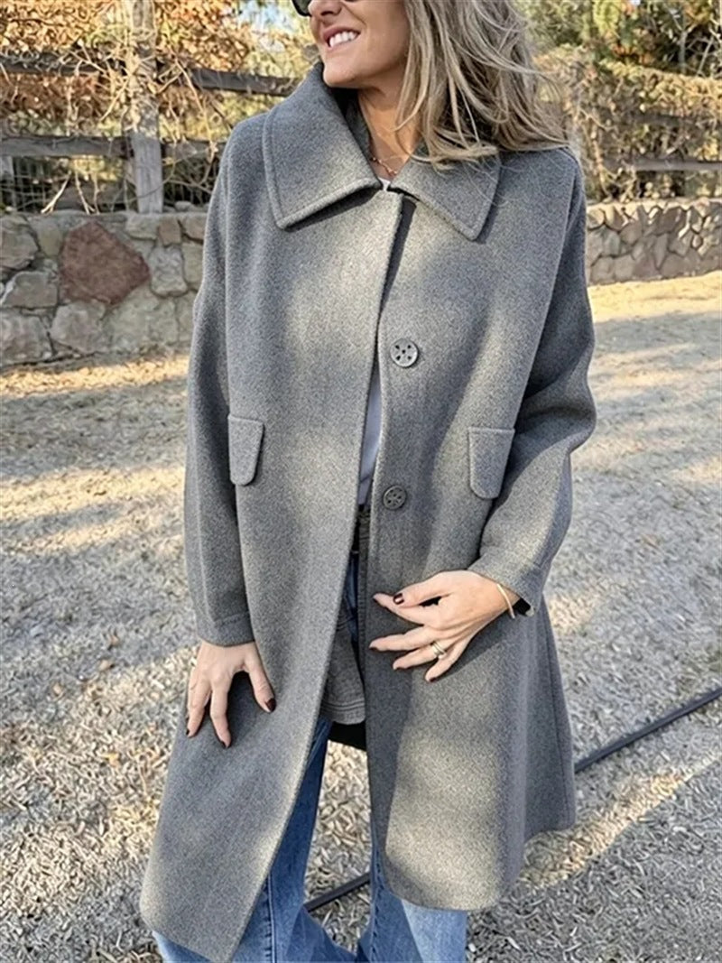 Casual Loose Single Breasted Wool Blend Midi Coat with Pockets