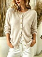 Crew Neck Gold?Button Ribbed Knit Cardigan