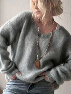 Oversized V‑Neck Drop Shoulder Fuzzy Knit Long Sleeve Loose Fit Pullover Sweater
