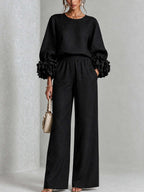 Pink Top Featuring Striking Floral Cuffs Paired With Wide-leg Pants Suit - Black / XS(2) - Matching Sets