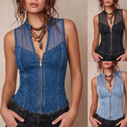 Semi-Sheer Mesh Denim Corset Top