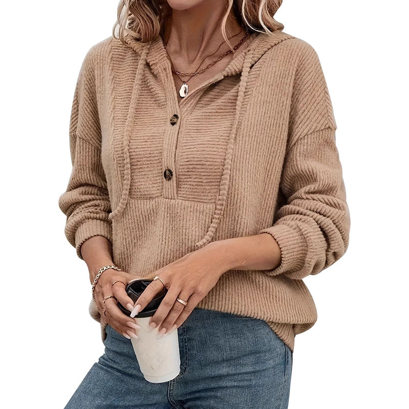 Textured Knit Henley Hooded Sweater