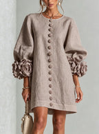 Blush Pink Fabric Floral Appliqué Balloon‑Sleeve Shift Mini Dress