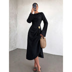 Round Neck Flare Sleeve Gold Ornament Ruched Midi Dress