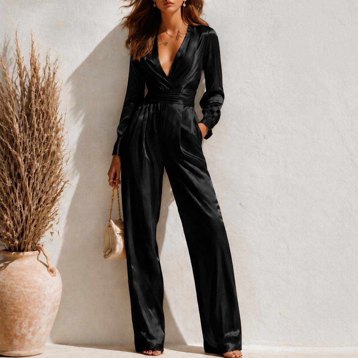 Satin Surplice V‑Neck Long Sleeve Waist‑Tied Wide Leg Elegant Jumpsuit With Pockets