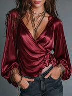 V-Neck Balloon Sleeve Tie Waist Elegant Top