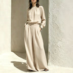 Women's Gathered High‑Neck Blouse & Pleated Wide‑Leg Pants Two‑Piece Set
