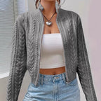 Stand Collar Full Zip Cable Knit Cropped Long Sleeve Knitted Cardigan Jacket