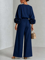 Pink Top Featuring Striking Floral Cuffs Paired With Wide-leg Pants Suit - Matching Sets