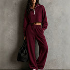 Half?Zip Cropped Sweatshirt & Wide?Leg Sweatpants Two?Piece Set