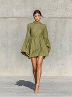 Ruffled High?Neck Bell?Sleeve Elastic Waist Mini Dress