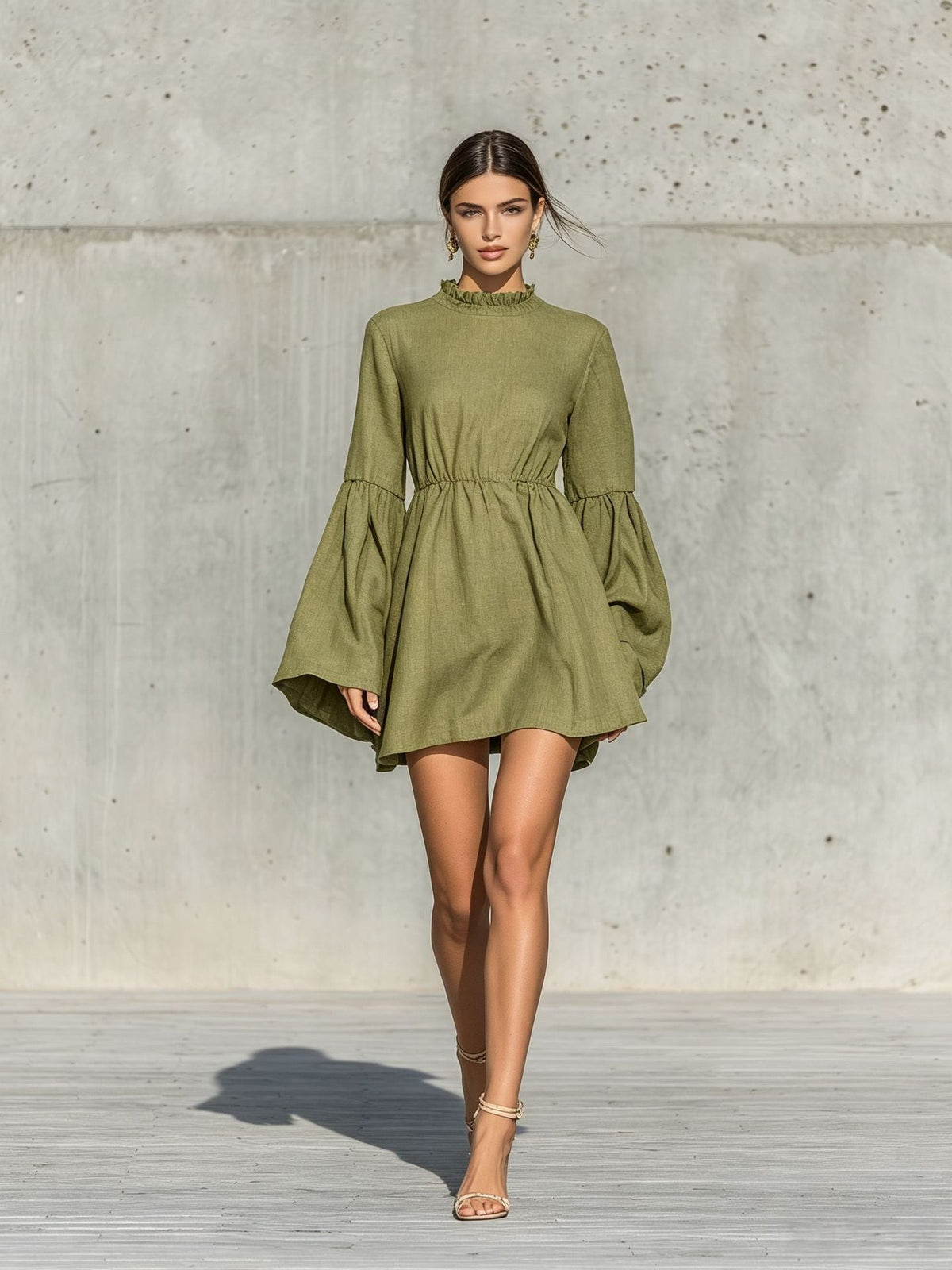 Ruffled High?Neck Bell?Sleeve Elastic Waist Mini Dress