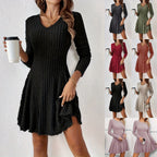 Ribbed Knit V‑Neck Long‑Sleeve Flared Mini Dress
