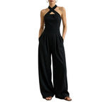 Crisscross Halter Keyhole Cutout High Waist Wide Leg Pantsuit with Pockets