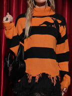 Women¡¯s Black Orange Stripe Turtleneck Bat Applique Fringed Hem Halloween Sweater