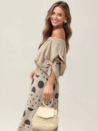 Linen Off Shoulder Top & Polka Dot Tiered Wide Leg Pants Two Piece Set