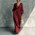 Women's Pleated Surplice V‑Neck Balloon Sleeve Maxi Dress